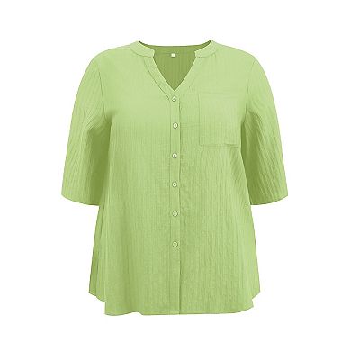Plus Size Shirts for Women Mandarin Collar V Neck 3/4 Sleeve Button Down Shirt Casual Textual Tops