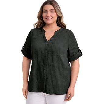 Plus Size Shirts for Women Mandarin Collar V Neck 3/4 Sleeve Button Down Shirt Casual Textual Tops
