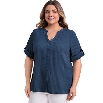 Plus Size Shirts for Women Mandarin Collar V Neck 3/4 Sleeve Button Down Shirt Casual Textual Tops