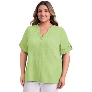 Plus Size Henley V-Neck Tunic Top – Flowy Short Sleeve Blouse For Women (Rayon/Spandex)