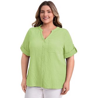 Plus Size Shirts for Women Mandarin Collar V Neck 3/4 Sleeve Button Down Shirt Casual Textual Tops