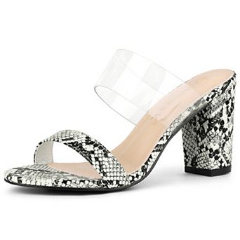 Women's Snake Print Block Heel Snakeskin Heels Slide Sandals