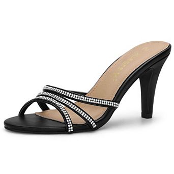 Women's Open Toe Rhinestone Strappy Stiletto Heels Sandals Slip On Mules