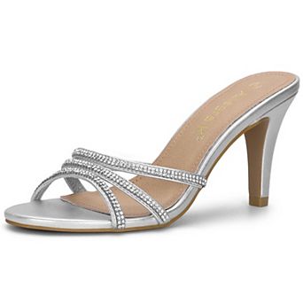 Women's Open Toe Rhinestone Strappy Stiletto Heels Sandals Slip On Mules