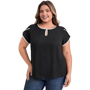 Plus Size Blouse for Women Keyhole Tulip Sleeve Summer Tops Contrasting Colors Casual Blouses