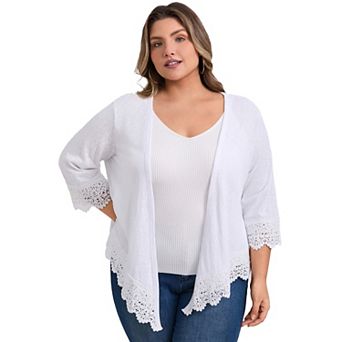 Plus Size Cardigan for Women Open Front Knit Lace Trim Waterfall 3/4 Sleeve High Low Hem Cardigans