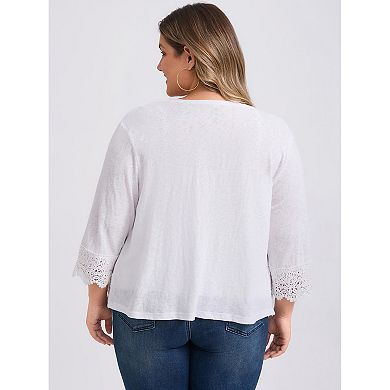 Plus Size Cardigan for Women Open Front Knit Lace Trim Waterfall 3/4 Sleeve High Low Hem Cardigans