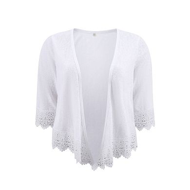 Plus Size Cardigan for Women Open Front Knit Lace Trim Waterfall 3/4 Sleeve High Low Hem Cardigans