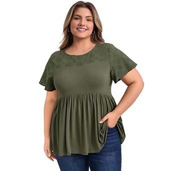 Plus Size Tops for Women Eyelet Embroidery Blouses Ruffle Hem Cinched Waist Babydoll Tunic