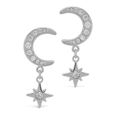 MC Collective Sterling Silver Cubic Zirconia Crescent & Star Drop Studs