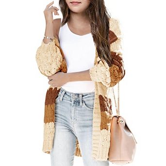 Girls Open Front Long Sleeve Cardigan Color Block Chunky Knit Oversized Kids Sweaters Coat