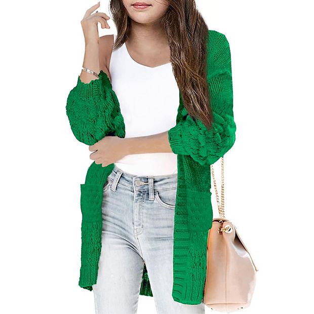 Girls Open Front Long Sleeve Cardigan Color Block Chunky Knit