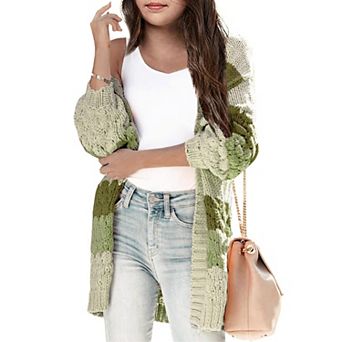 Girls Open Front Long Sleeve Cardigan Color Block Chunky Knit Oversized Kids Sweaters Coat