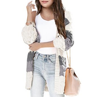 Girls Open Front Long Sleeve Cardigan Color Block Chunky Knit Oversized Kids Sweaters Coat
