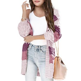 Girls Open Front Long Sleeve Cardigan Color Block Chunky Knit Oversized Kids Sweaters Coat