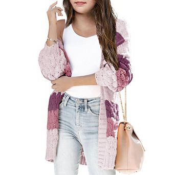 Girls Open Front Long Sleeve Cardigan Color Block Chunky Knit Oversized Kids Sweaters Coat