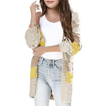 Girls Open Front Long Sleeve Cardigan Color Block Chunky Knit Oversized Kids Sweaters Coat