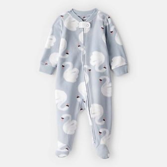 Baby Girl Carter's Swan Print Fleece Long-Sleeve Loose Fit Sleep & Play Pajamas