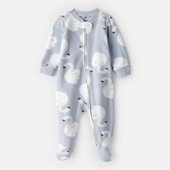 Baby Girl Carter's Swan Print Fleece Long-Sleeve Loose Fit Sleep & Play Pajamas