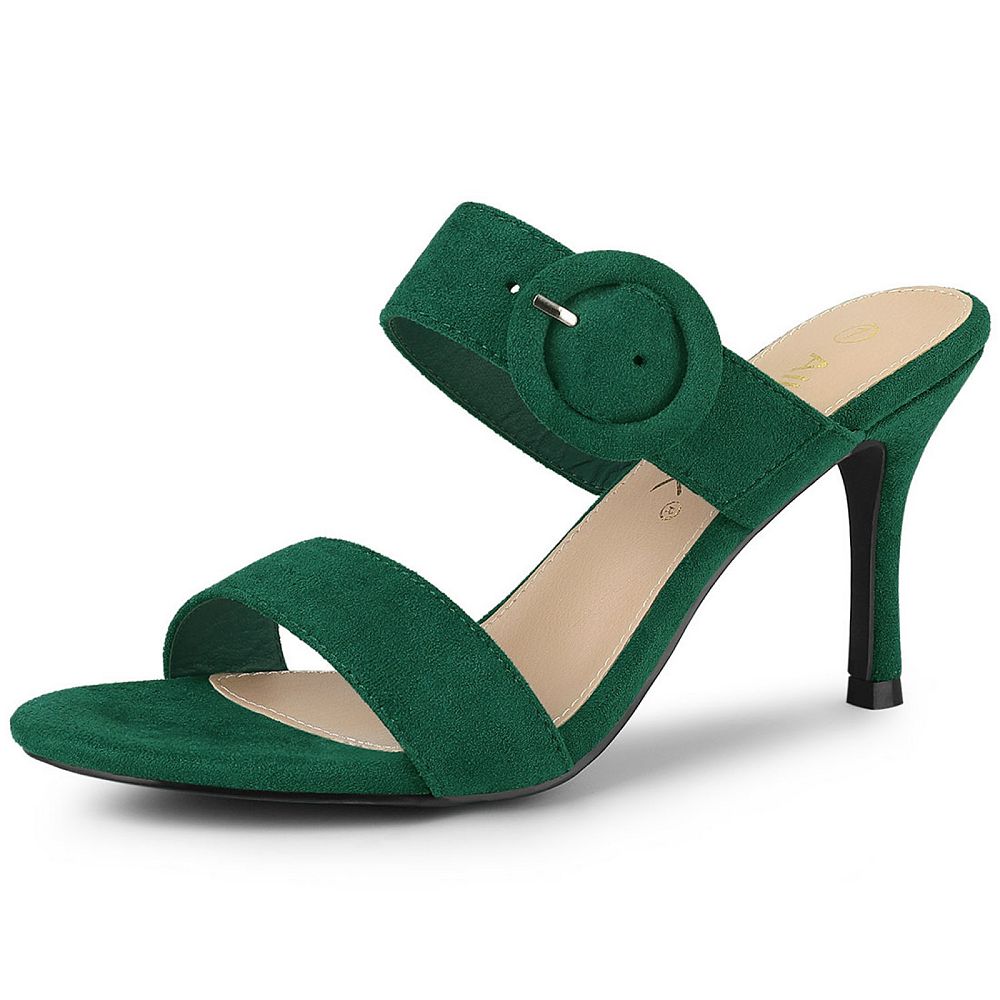 Heels Sandals for Women Open Toe Heels Cute Slip-on Mule Shoes Belt Buckle Black Leather