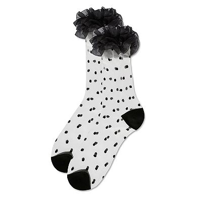 Women's Polka Dot Ruffly Lace Cuff Sheer Crew Sock