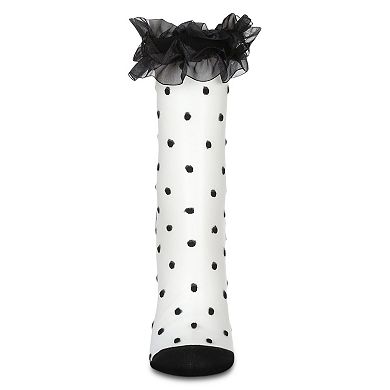 Women's Polka Dot Ruffly Lace Cuff Sheer Crew Sock