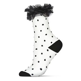 Women's Polka Dot Ruffly Lace Cuff Sheer Crew Sock
