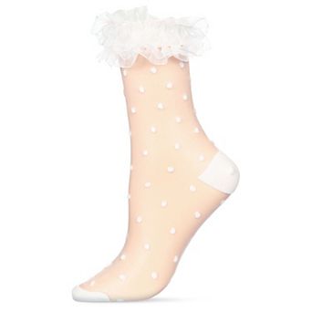 Women's Polka Dot Ruffly Lace Cuff Sheer Crew Sock