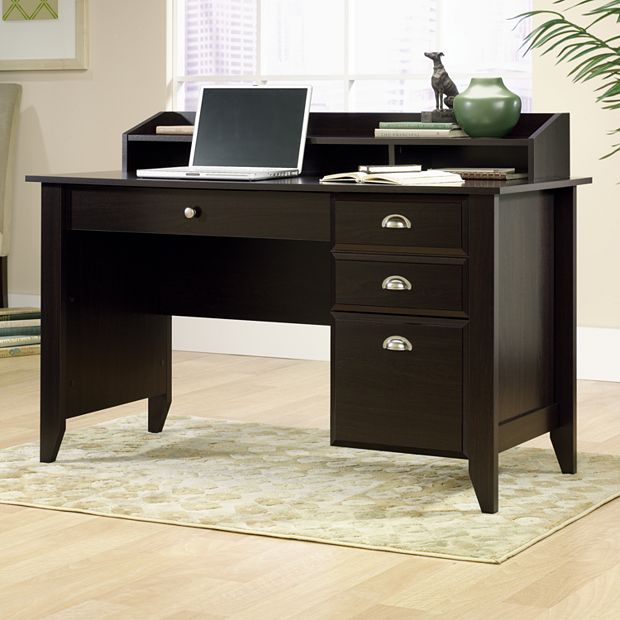 Wooden Writing Desk with Block Legs and 2 Drawers, Dark Brown and Black