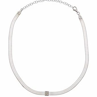 Meshmerise Sterling Silver Diamond Accented Herringbone Chain Choker Necklace