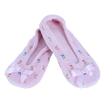 CTM Women's Floral Embroidered Terry Ballerina Slipper House Shoe