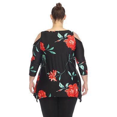 Women's Plus Size Floral Printed Cold Shoulder Tunic