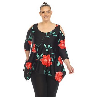 Women's Plus Size Floral Printed Cold Shoulder Tunic