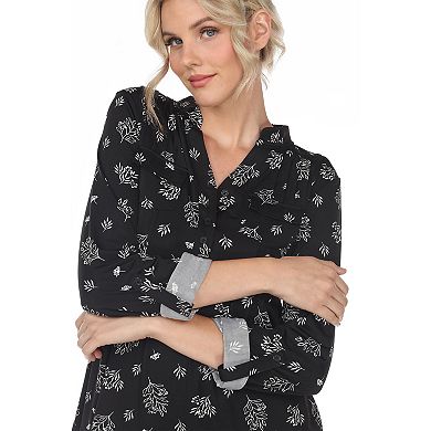 Women's Pleated Long Sleeve Leaf Print Blouse