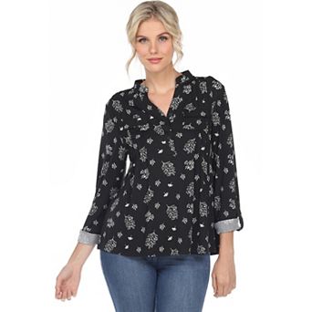 Women's Pleated Long Sleeve Leaf Print Blouse