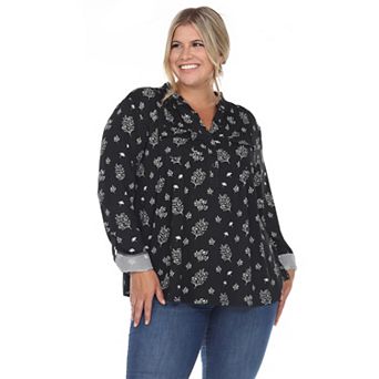 Plus Size Pleated Long Sleeve Leaf Print Blouse