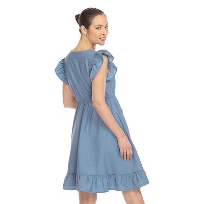 silver or grey mother of the groom dresses Jeanette Long Sleeve Stretch Knit Side Ruffle Dress main image 1