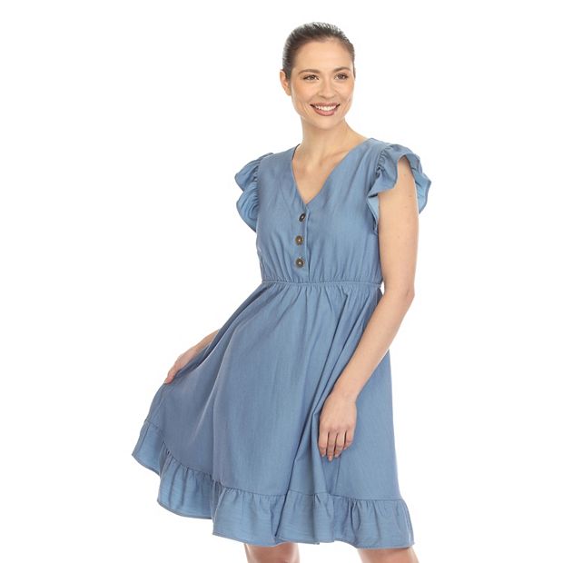 Women's Ruffle Sleeve Knee-Length Dress Blue Small -White Mark