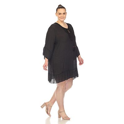 plus size sheer cover up dress Swim Lushoire Women's Plus Size Black Boho Sheer Coverup Dress,Solid Color  Drawstring Waist Hollow Out Beachwear,Summer Holiday Vacation Swimming Pool  Beach Wear