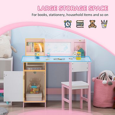 Qaba Toddler Table and Chair Set, with Whiteboard, Kids Writing Desk Homework Table