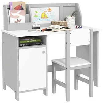 Qaba Toddler Table and Chair Set, with Whiteboard, Kids Writing Desk Homework Table