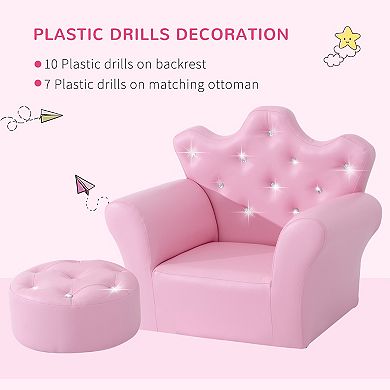 Qaba Kids Sofa Set with Footstool, Princess Sofa with Diamond Decoration