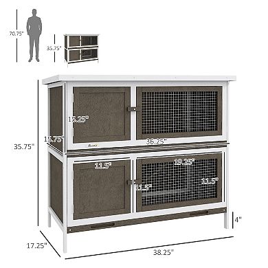 PawHut Wooden Bunny Rabbit Hutch, Small Animal Habitat with Ramp, Removable Tray & Weatherproof Roof