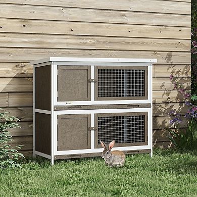 PawHut Wooden Bunny Rabbit Hutch, Small Animal Habitat with Ramp, Removable Tray & Weatherproof Roof