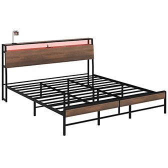 HOMCOM King Bed Frame with Headboard, LED Lights, Charging Station