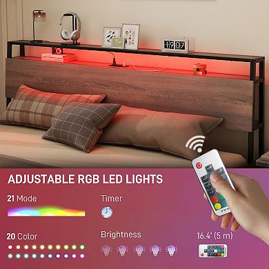 HOMCOM King Bed Frame with Headboard, LED Lights, Charging Station