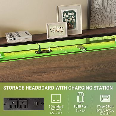 HOMCOM King Bed Frame with Headboard, LED Lights, Charging Station