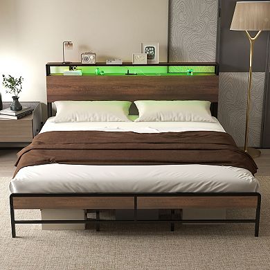 HOMCOM King Bed Frame with Headboard, LED Lights, Charging Station