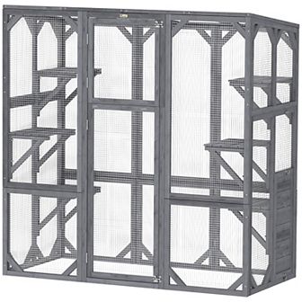 PawHut Catio Outdoor Cat Enclosure, Large Wooden Cat House with 6 Jumping Platforms