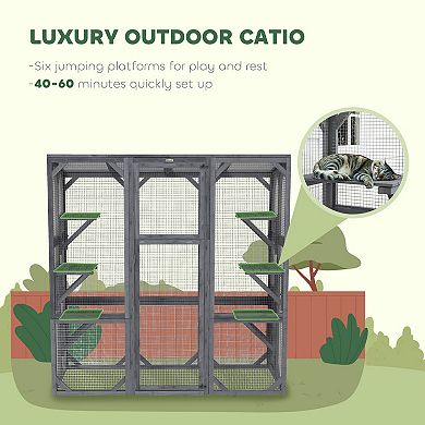 PawHut Catio Outdoor Cat Enclosure, Large Wooden Cat House with 6 Jumping Platforms